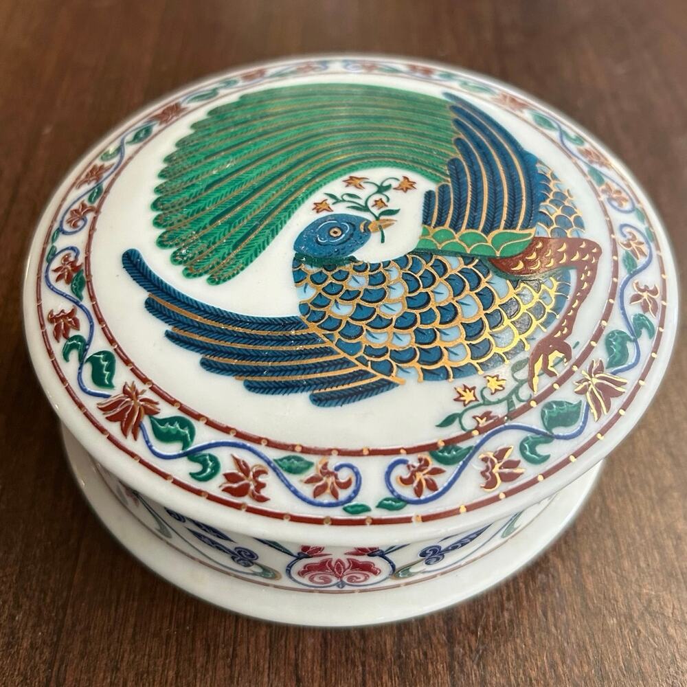 Vintage Byzantium Elizabeth Arden Ceramic Powder Trinket Box Peacock Bird Gold